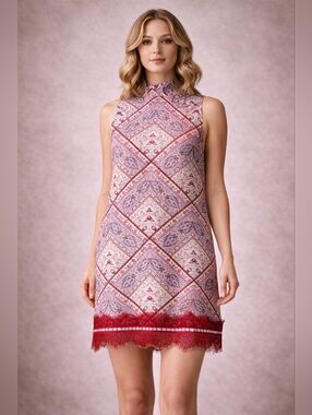 Refashioned Geometric Print Mini Shift Dress with Lace Hem
